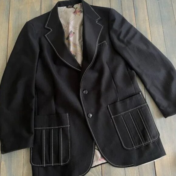 Vintage 1970s Rockabilly Dress Suit Jacket Black w/White Embroidery Trim L (Ins)